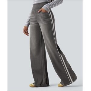 Halara Gray Wide Leg Denim Look Side Stripe Pull On Pants Womens Medium Tall